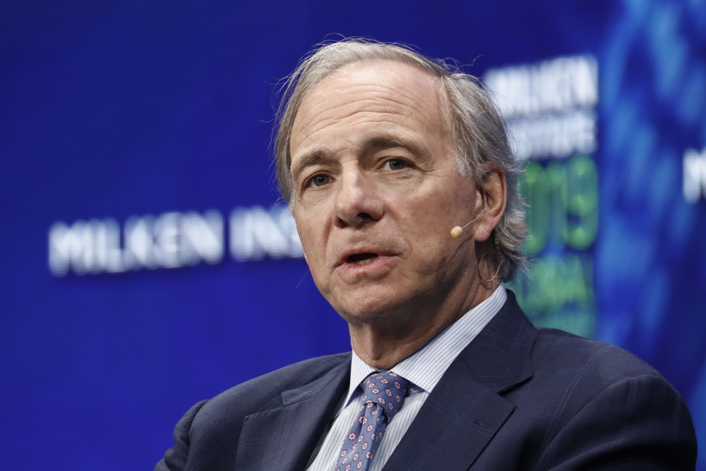 Ray Dalio, billionaire and founder of Bridgewater Associates LP, speaking on stage in 2019