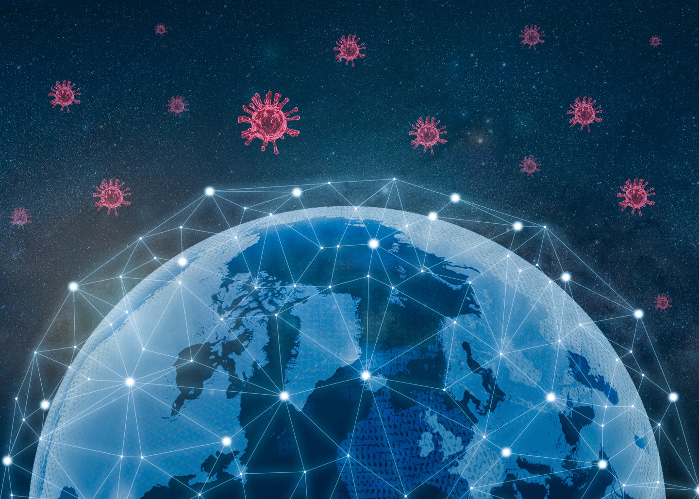 Artistic rendering of COVID traveling the globe.