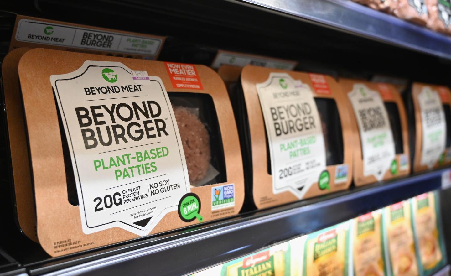 Beyond Meat "Beyond Burger" patties made from plant-based substitutes for meat products sit on a shelf for sale in New York City.