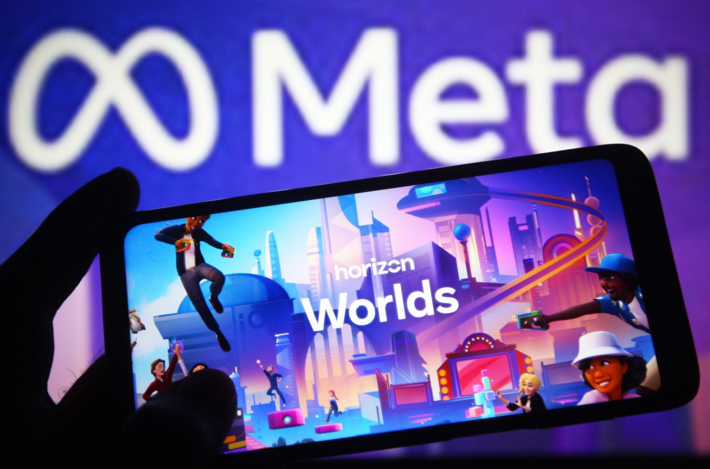 Horizon Worlds logo of a free virtual reality (VR) developed by Meta Platforms, is seen on a smartphone screen