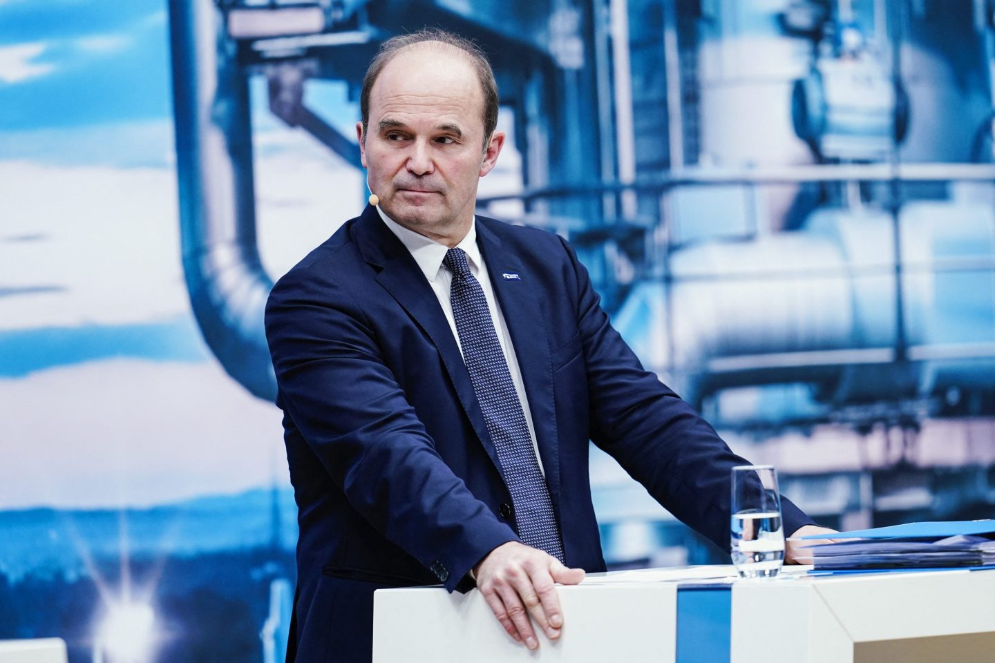 Martin Brudermueller, chairman of German chemicals company BASF, attends his company's annual press conference to present results on February 25, 2022 in Ludwigshafen, western Germany.
