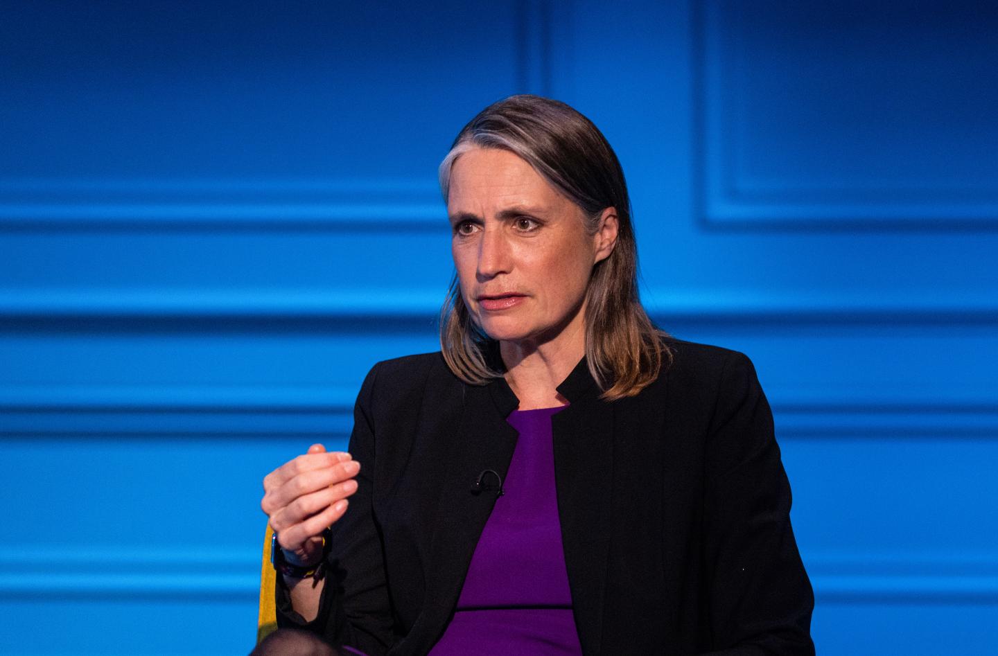 Shot of Fiona Hill during an interview in 2022.