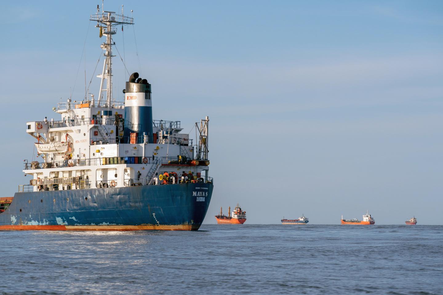 Stationary bulk carriers in the Black Sea wait to enter the Sulina Canal, a river channel that provides access to the Danube River, offshore from the port at Sulina, Romania, on Saturday, June 4, 2022.