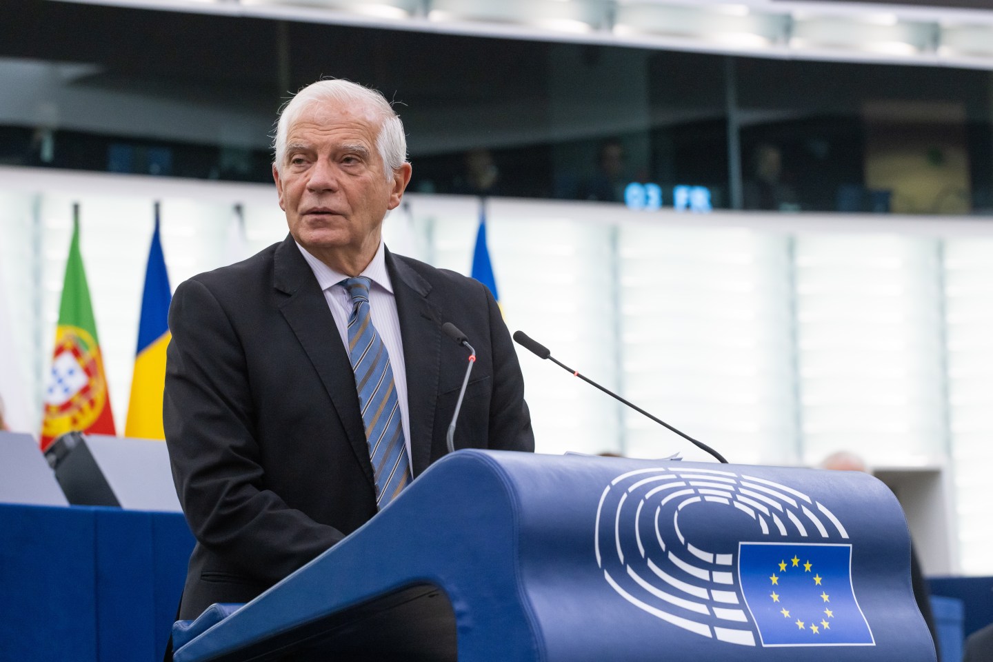Shot of Josep Borrell, EU foreign affairs representative, speaking in front of the European Parliament building