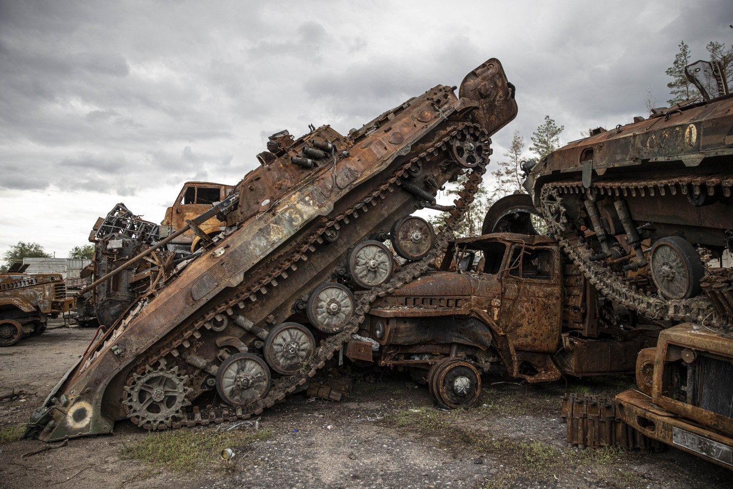 A destroyed armored vehicle in Russia-occupied Ukraine