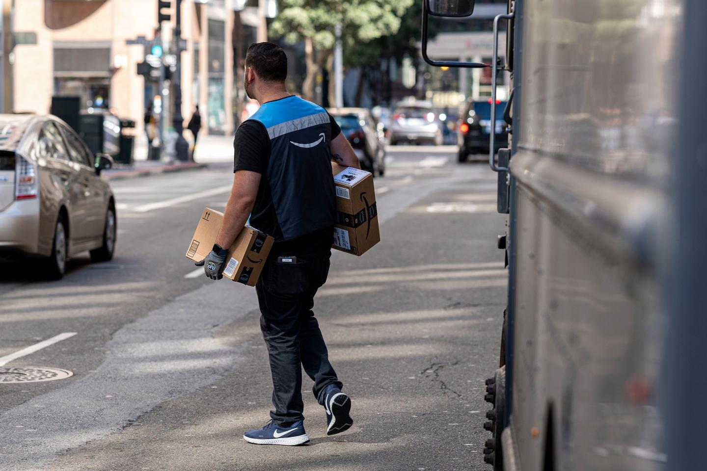 Amazon driver delivers a package