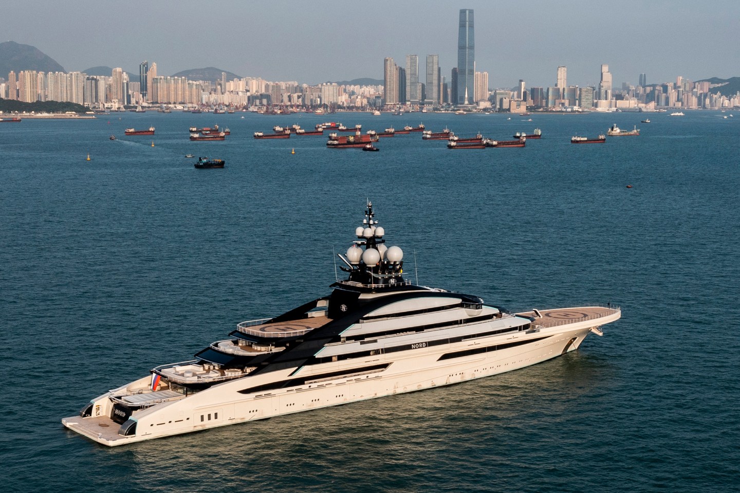 Luxury megayacht Nord, reportedly tied to billionaire Alexei Mordashov, is seen anchored in Hong Kong waters on Oct. 7, 2022.