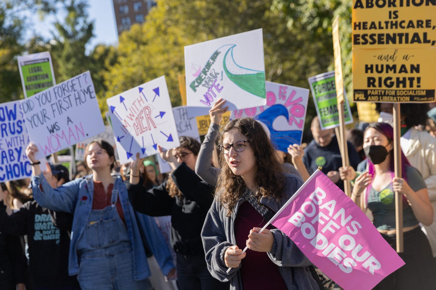 Protestors gather in New York City to advocate for reproductive rights and abortion access in October. Many workers want their employers to take action as well.