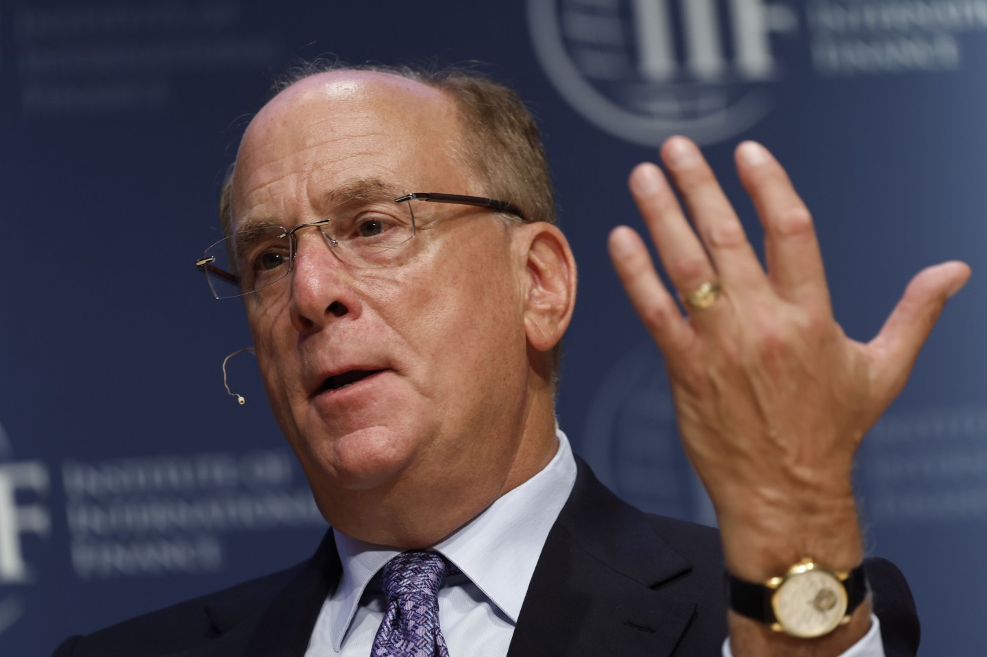 Larry Fink, chairman and CEO of BlackRock, speaks during the Institute of International Finance (IIF) annual membership meeting in Washington, D.C., on Oct. 12, 2022.