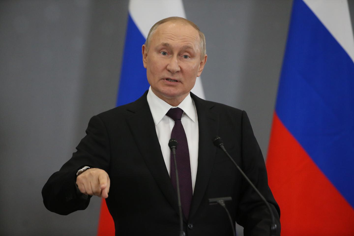 Shot of Russian President Vladimir Putin speaking on stage