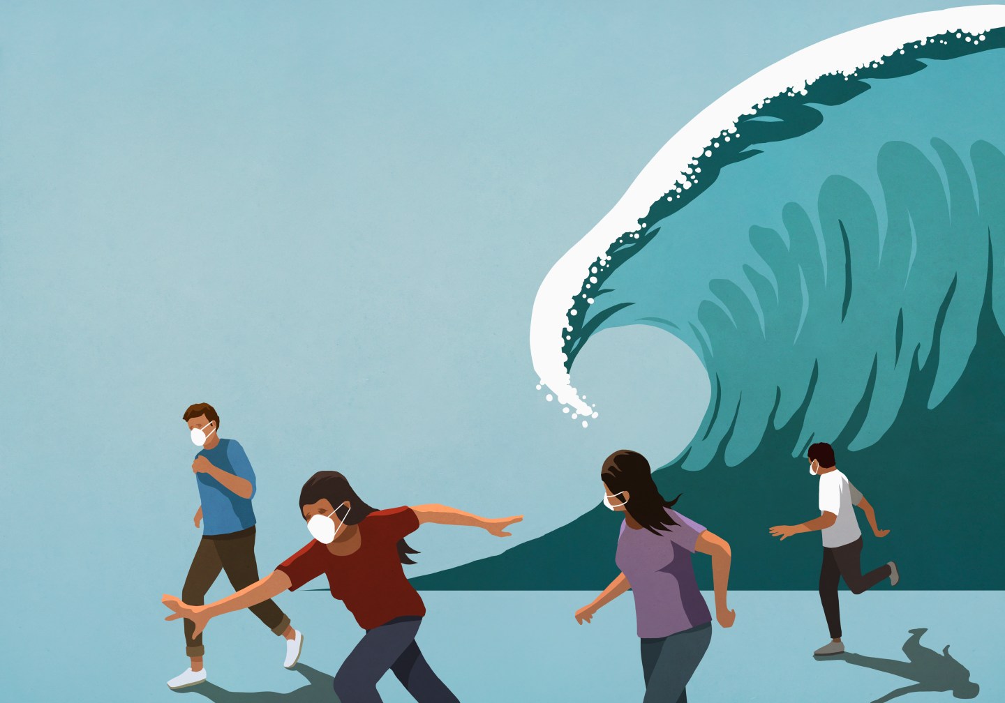 Illustration of people in face masks running from a huge tidal wave