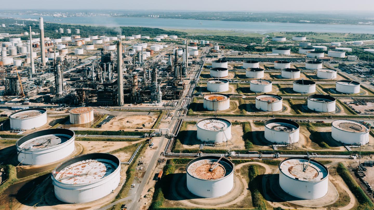 Aerial shot of the Fawley oil refinery in Southampton, United Kingdom