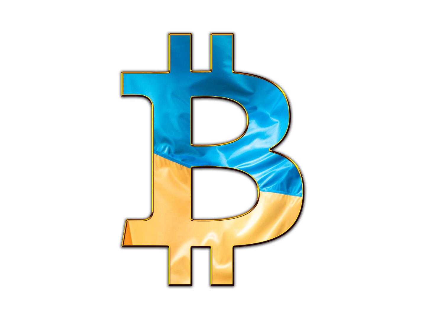 BTC Bitcoin symbol outline with the Ukrainian flag overlaying it.