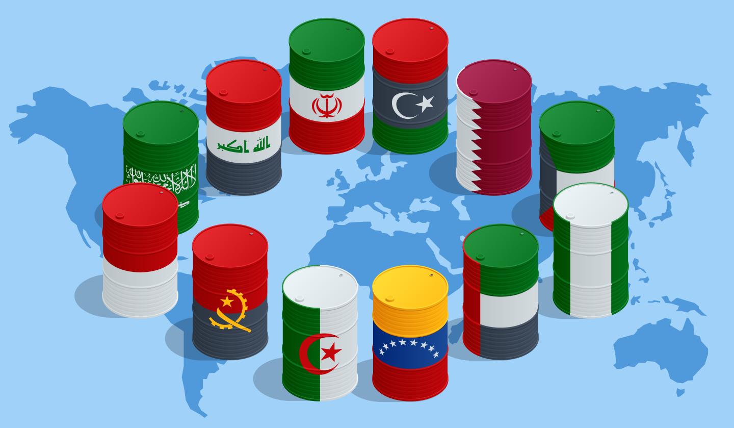 A world map with OPEC countries illustrated as oil barrels with their respective flags.