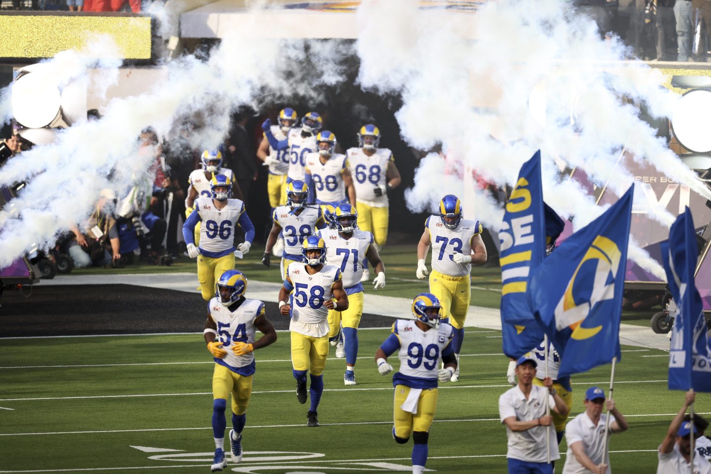 The Los Angeles Rams take the field prior to the NFL Super Bowl 56