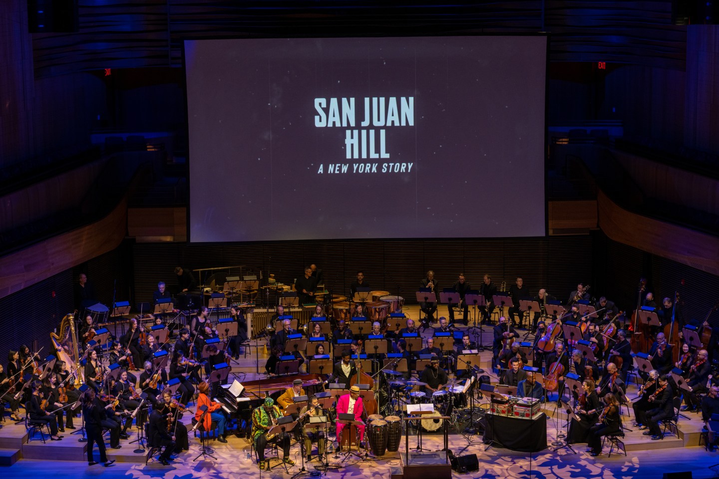 An orchestra plays on opening night of "San Juan Hill" in Lincoln Center's new David Geffen Hall in New York City.