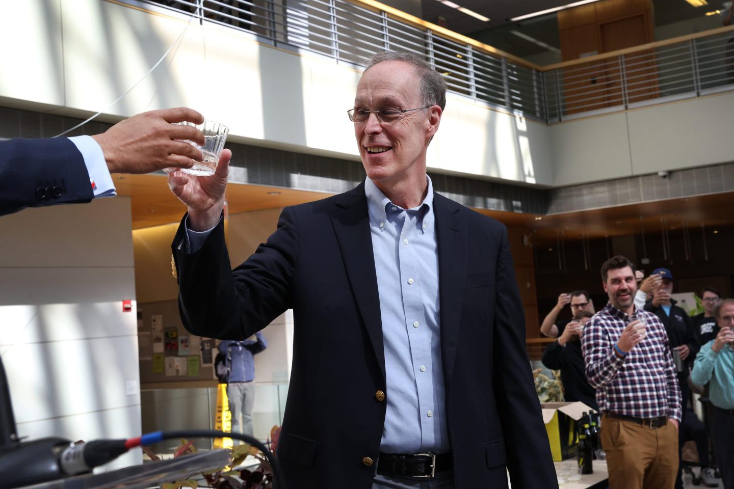 University of Chicago professor Douglas Diamond is toasted by students and faculty shortly after learning he had won the Sveriges Riksbank Prize in Economic Sciences.