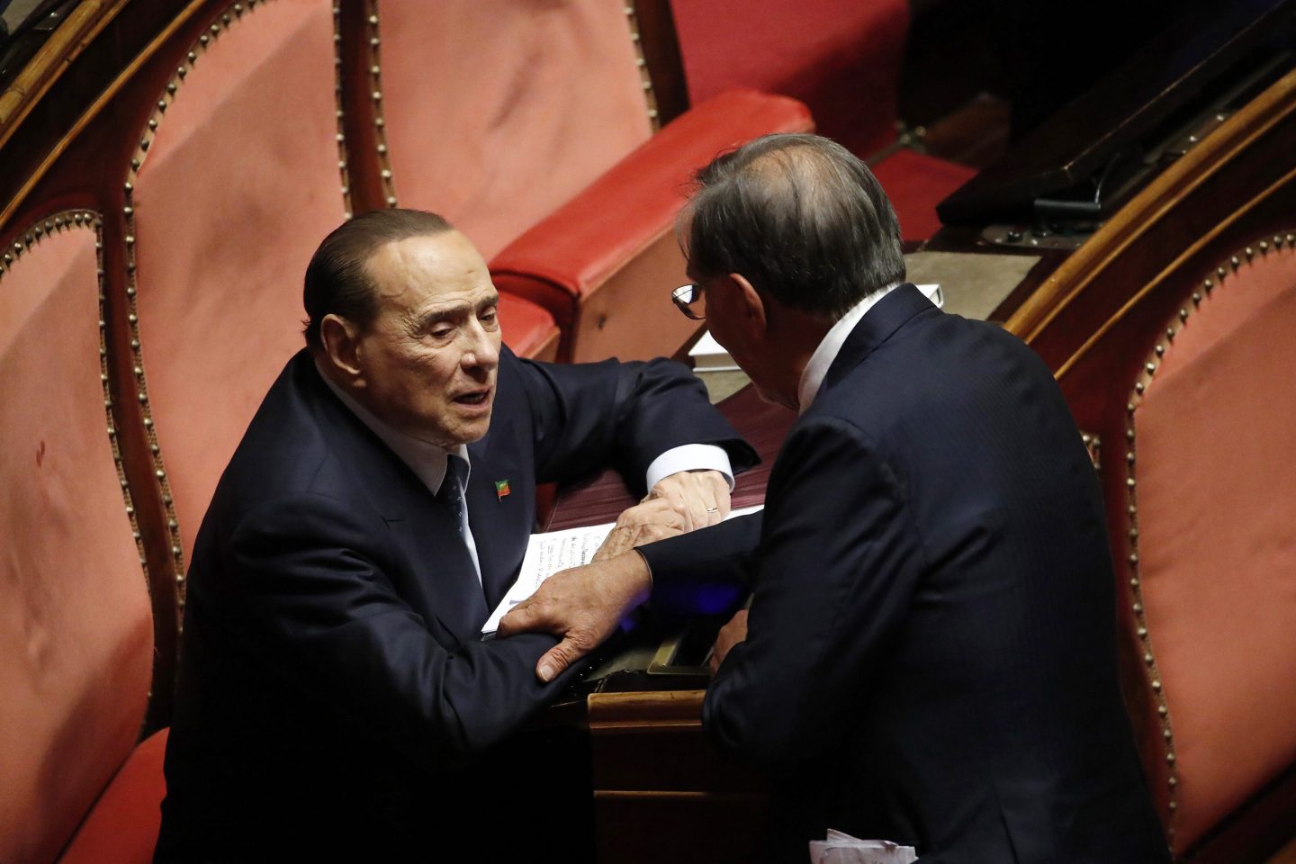 At the first session of Italy's 19th Legislature, Silvio Berlusconi (l) speaks with Ignazio La Russa, in Rome, Oct. 13th, 2022.