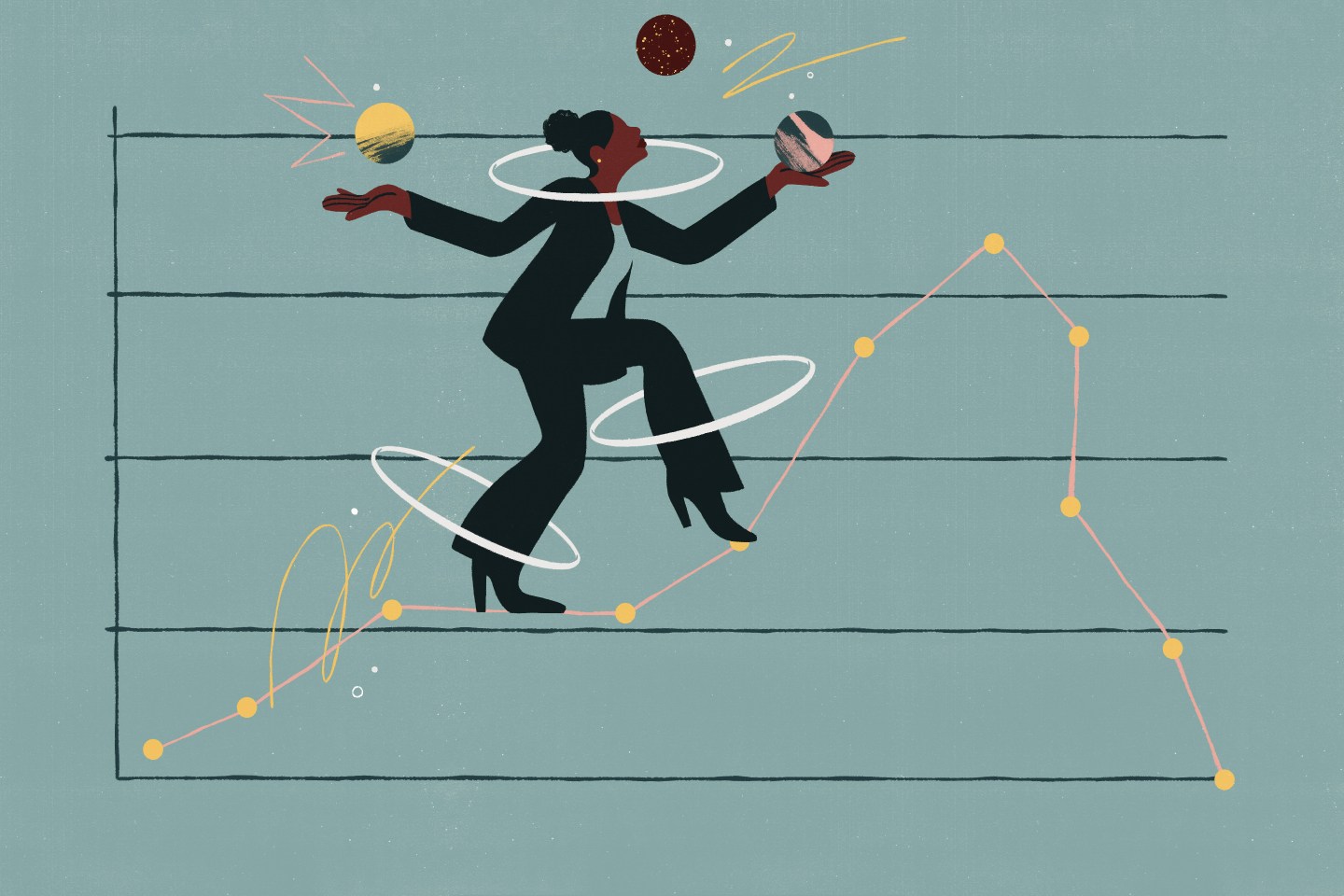 Illustration of a Black woman on a blue background juggling responsibilities.