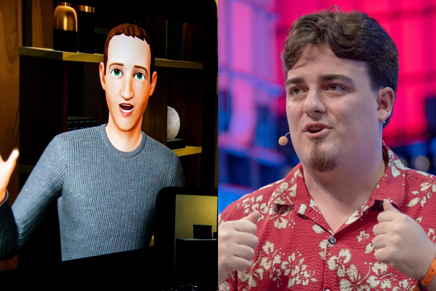 An avatar of Mark Zuckerberg, chief executive officer of Meta Platforms Inc. Palmer Luckey, Founder, Oculus and Anduril, speaks at Web Summit 2018 in Lisbon.