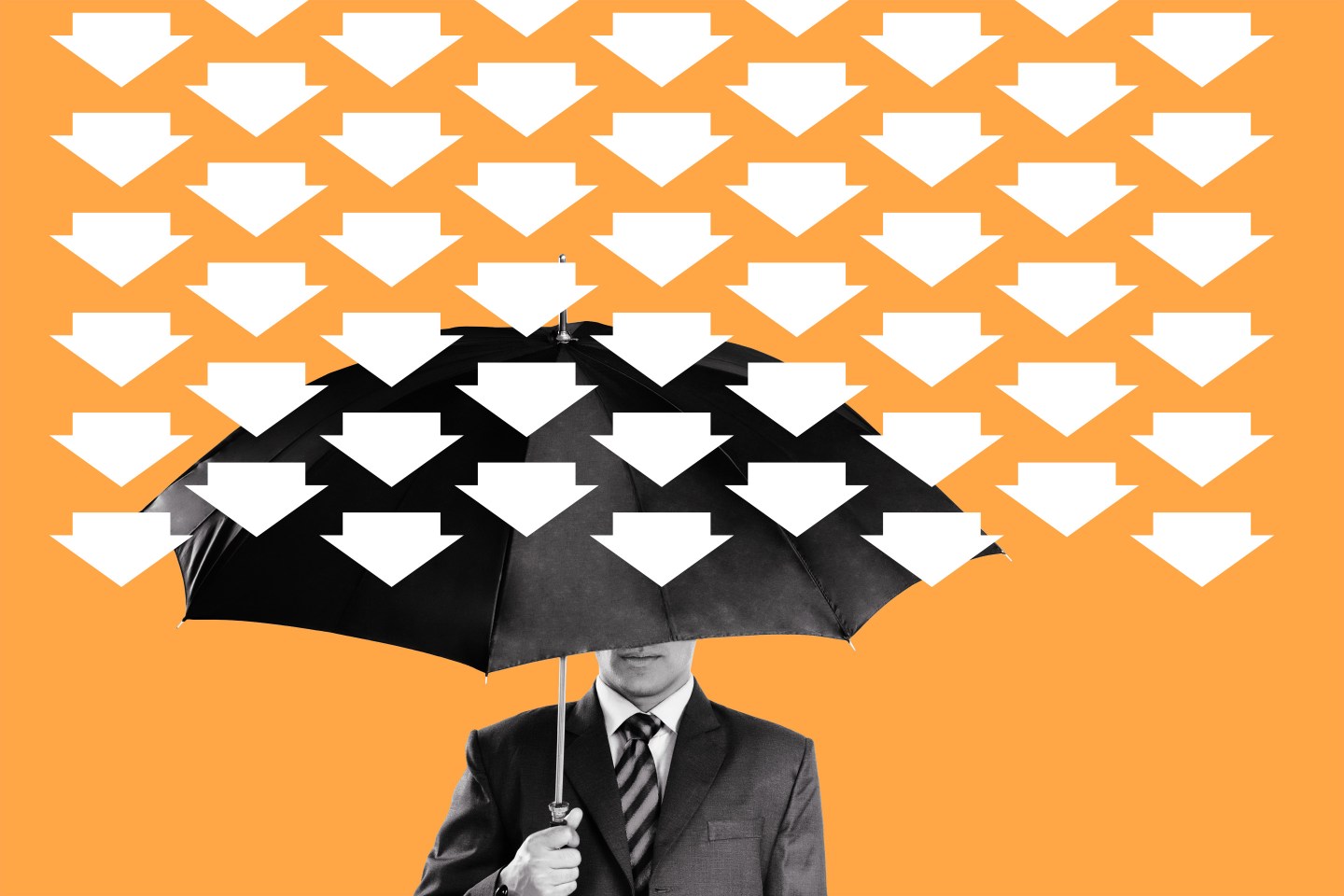 Illustration of a man hiding under umbrella against falling arrows