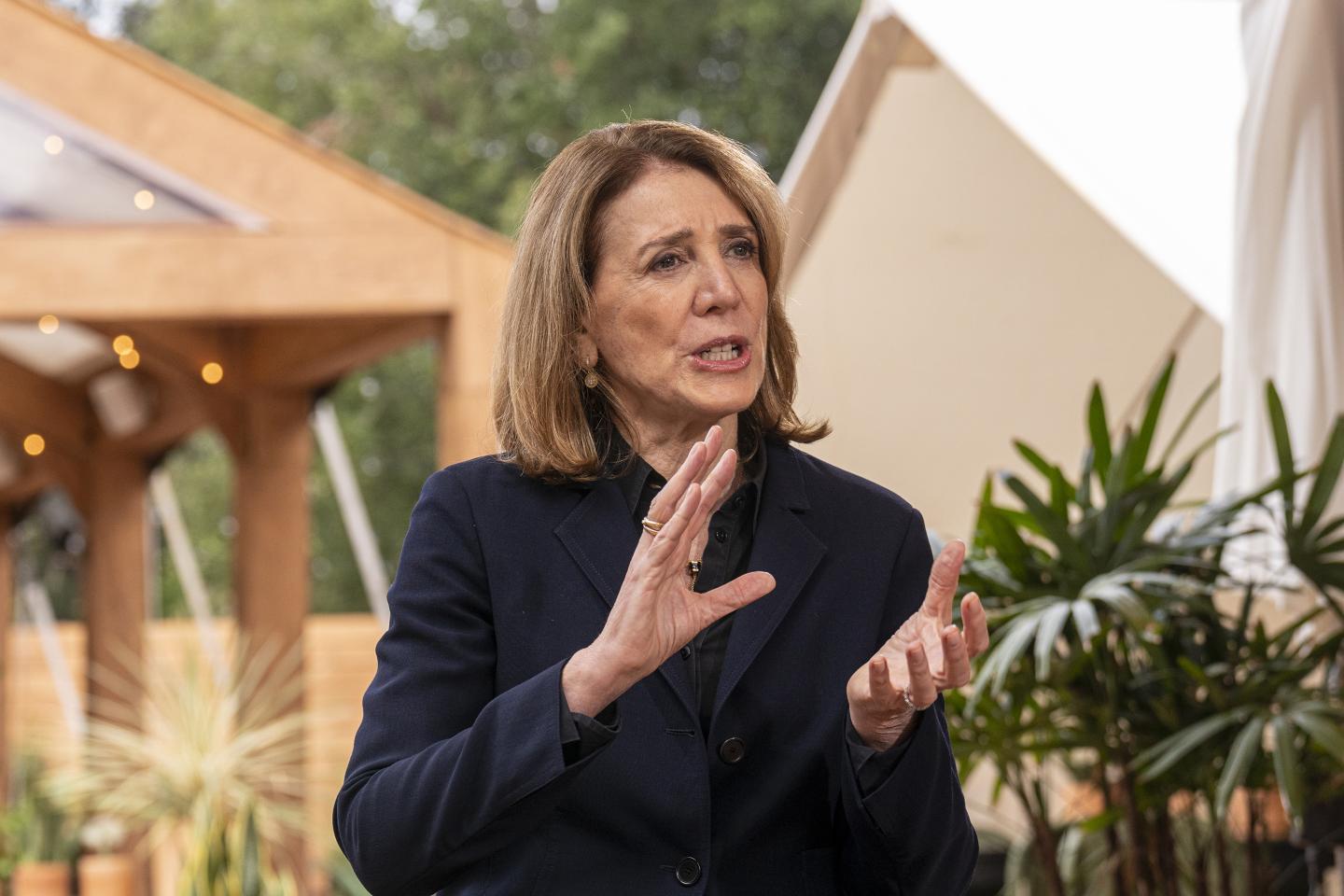 Ruth Porat, chief financial officer of Alphabet Inc, speaks at the company's headquarters in Mountain View.