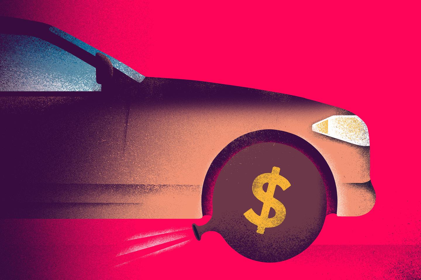 A car with a tire that deflates like a balloon