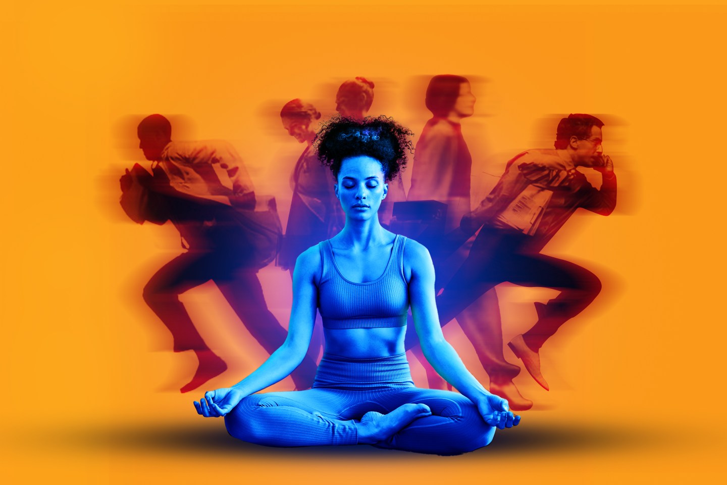 Photo illustration of a woman meditating with several people in business attire rushing behind her.