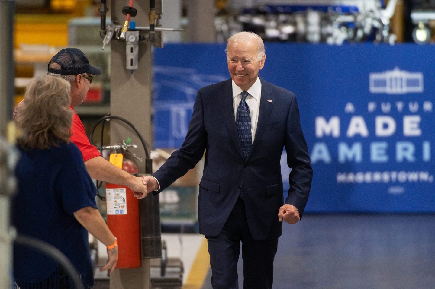 US President Joe Biden arrives to speak at the Volvo Group powertrain manufacturing facility in Hagerstown, Maryland, US, on Friday, Oct. 7, 2022.