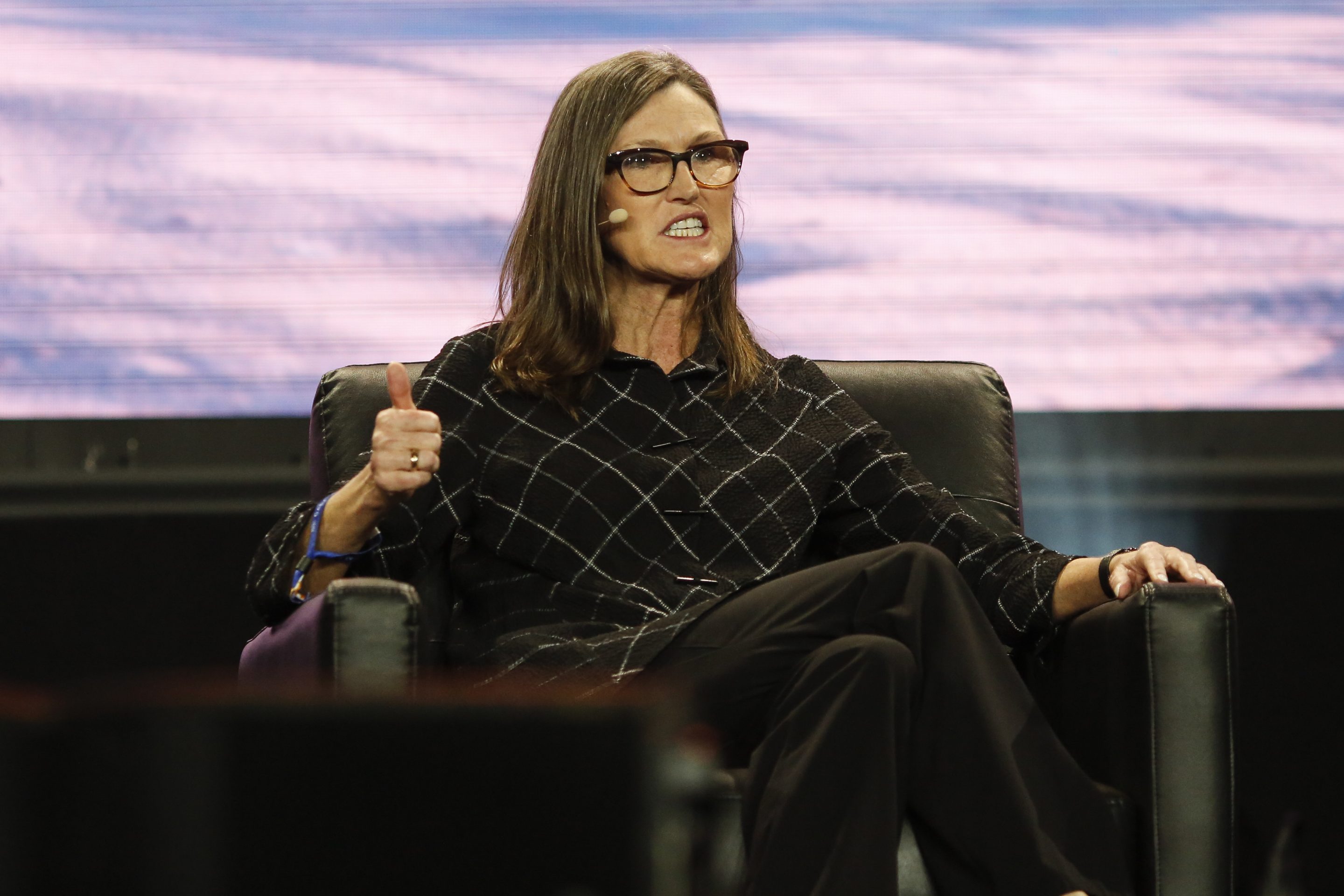 Cathie Wood, chief executive officer and chief investment officer, Ark Invest, gestures as she speaks during the Bitcoin 2022 Conference at Miami Beach Convention Center on April 7, 2022 in Miami, Florida.
