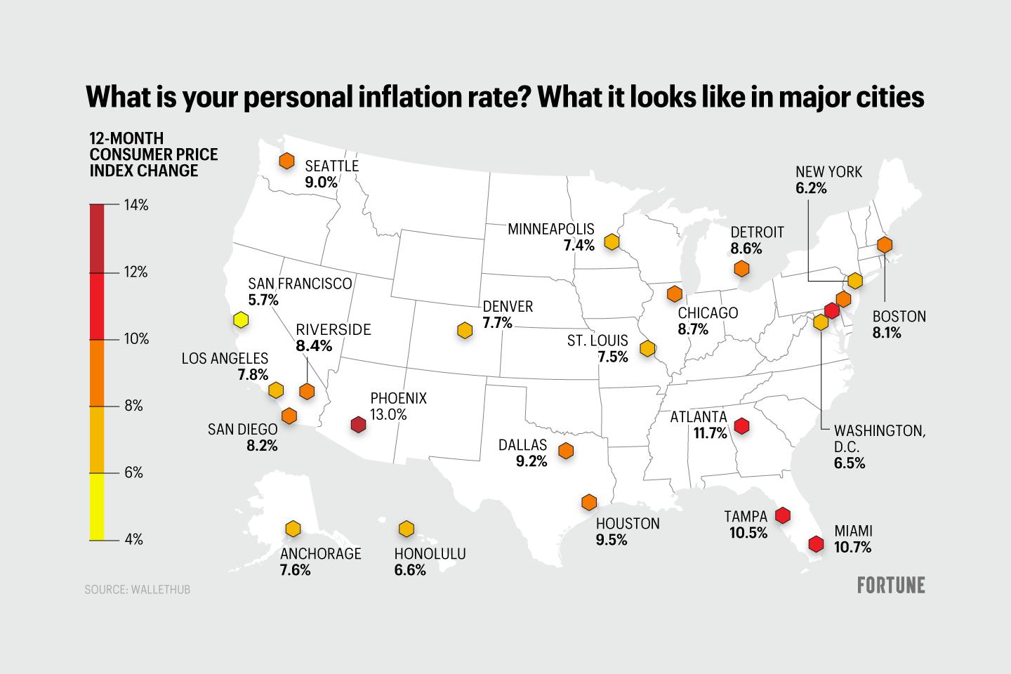U.S. map shows rate of inflation for selected cities
