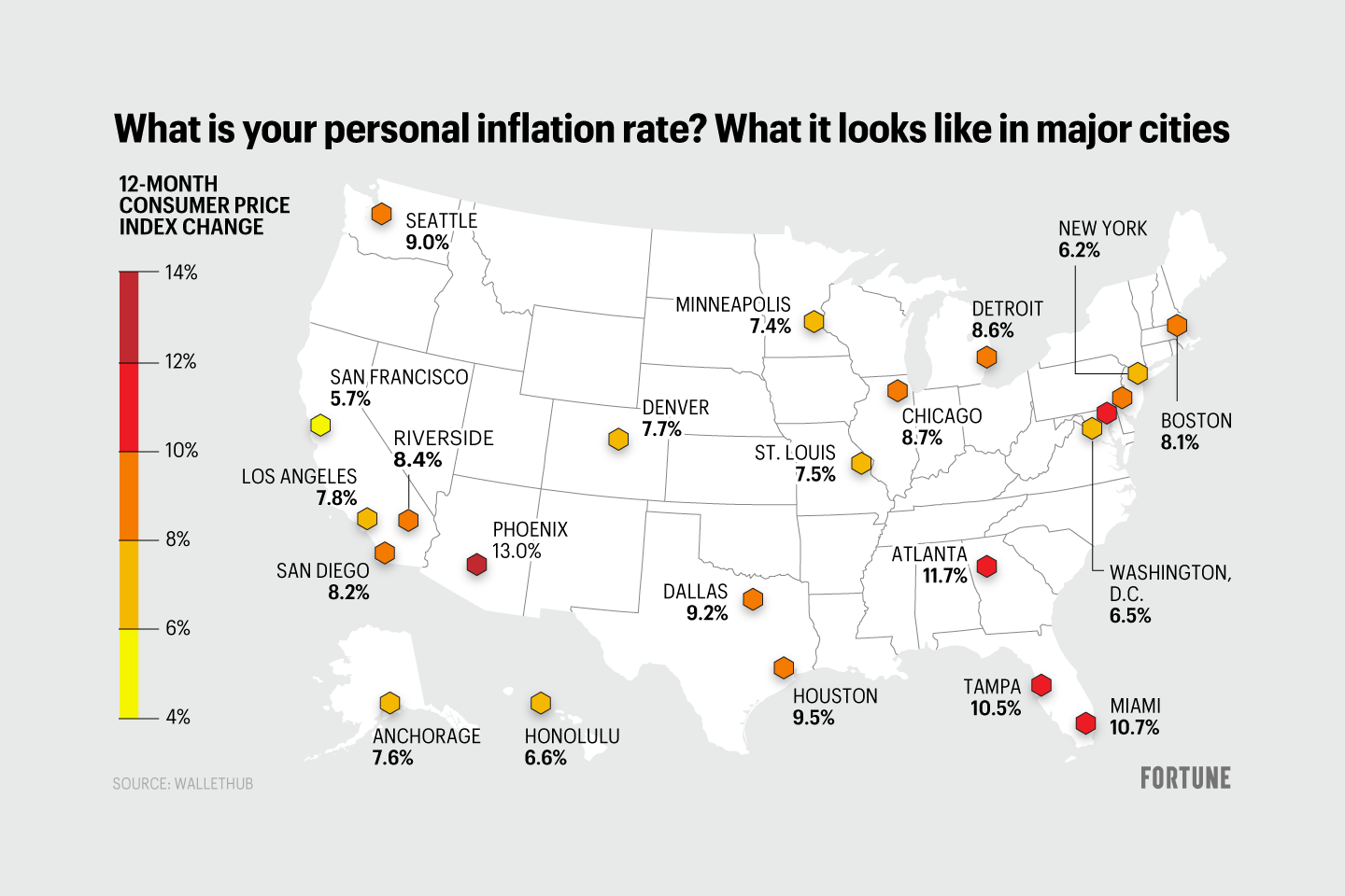 U.S. map shows rate of inflation for selected cities