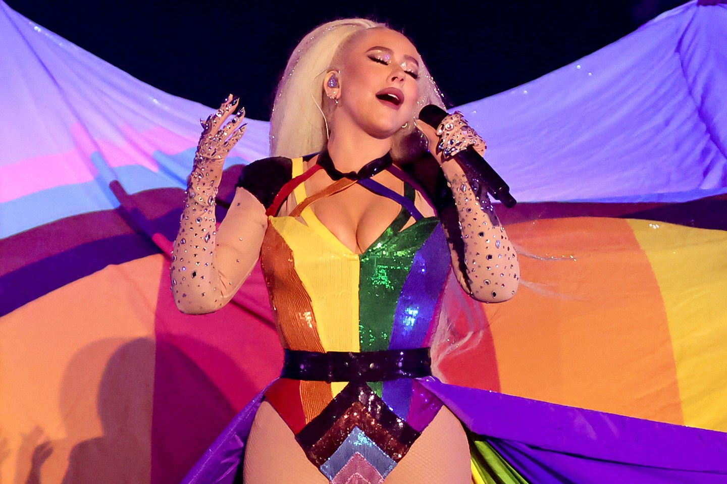 Christina Aguliera performing on stage in June.