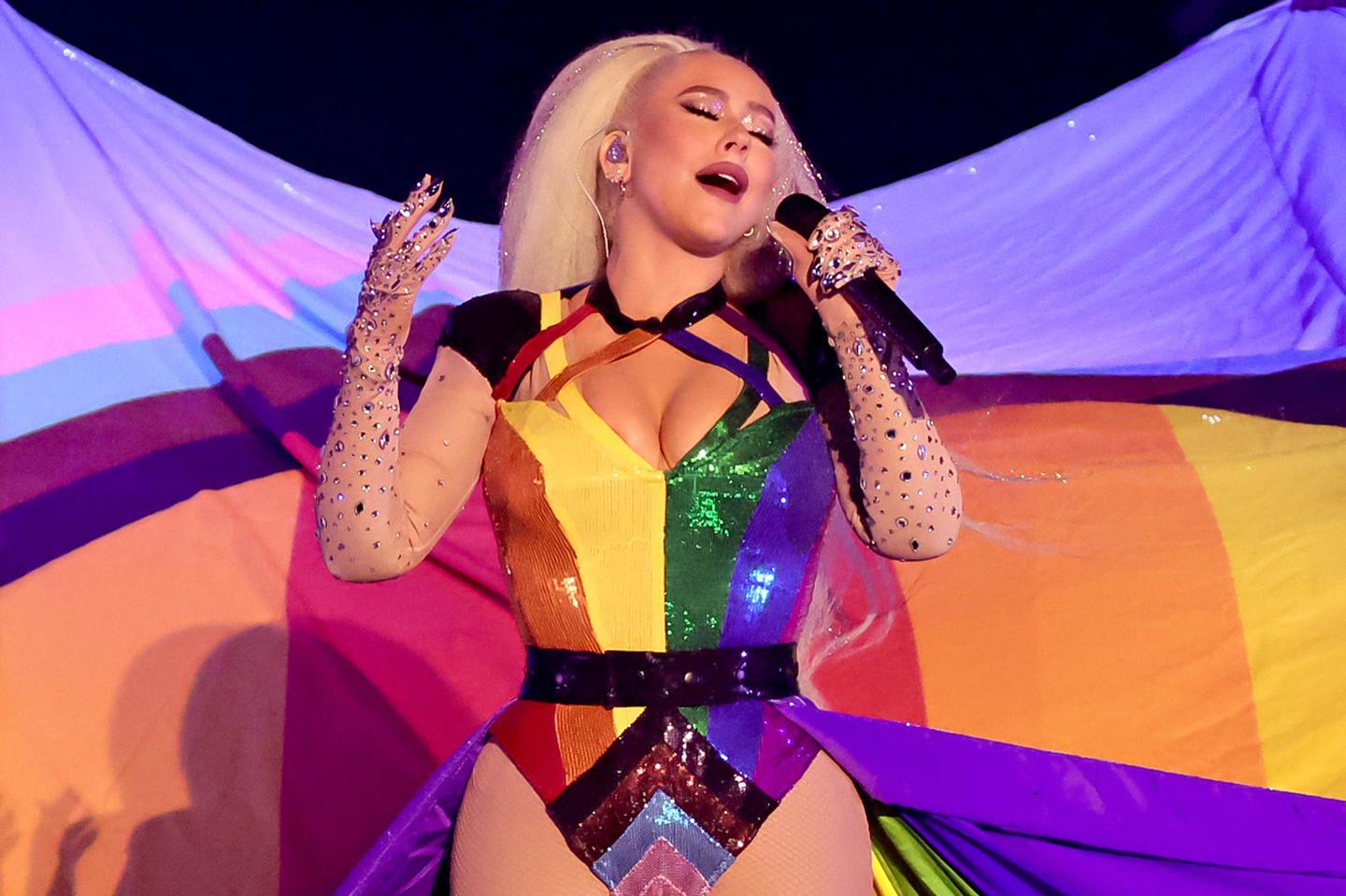 Christina Aguliera performing on stage in June.