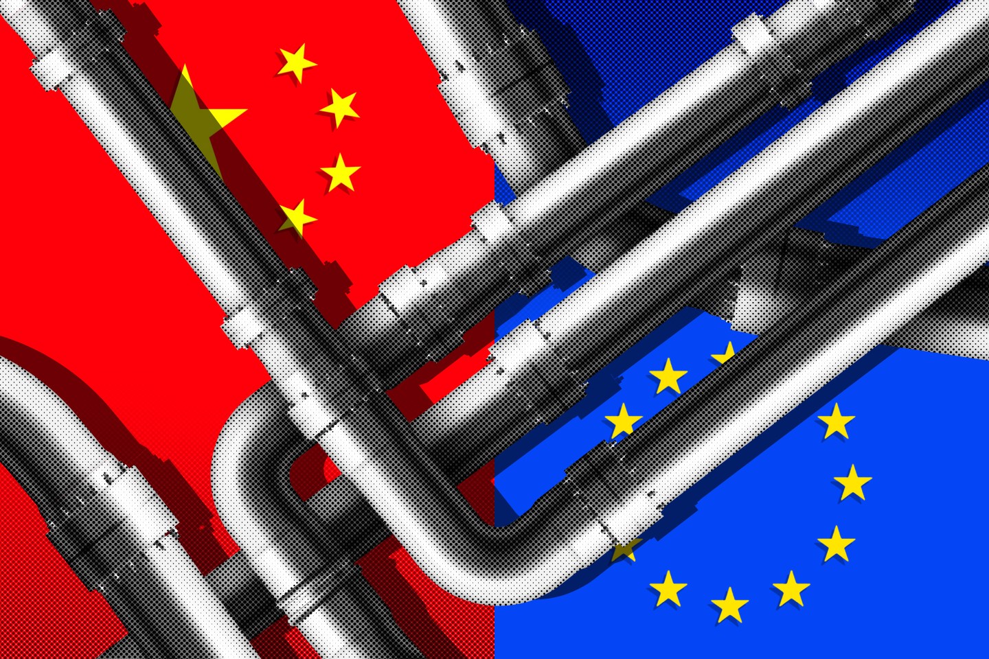 Photo illustration of natural gas pipelines on top of the flag of China and the flag of the European union.
