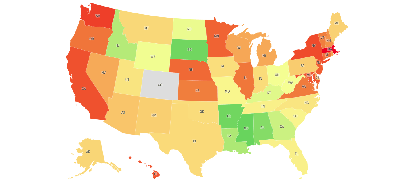 A map detailing the cost of full-time childcare for infants in each state. 
