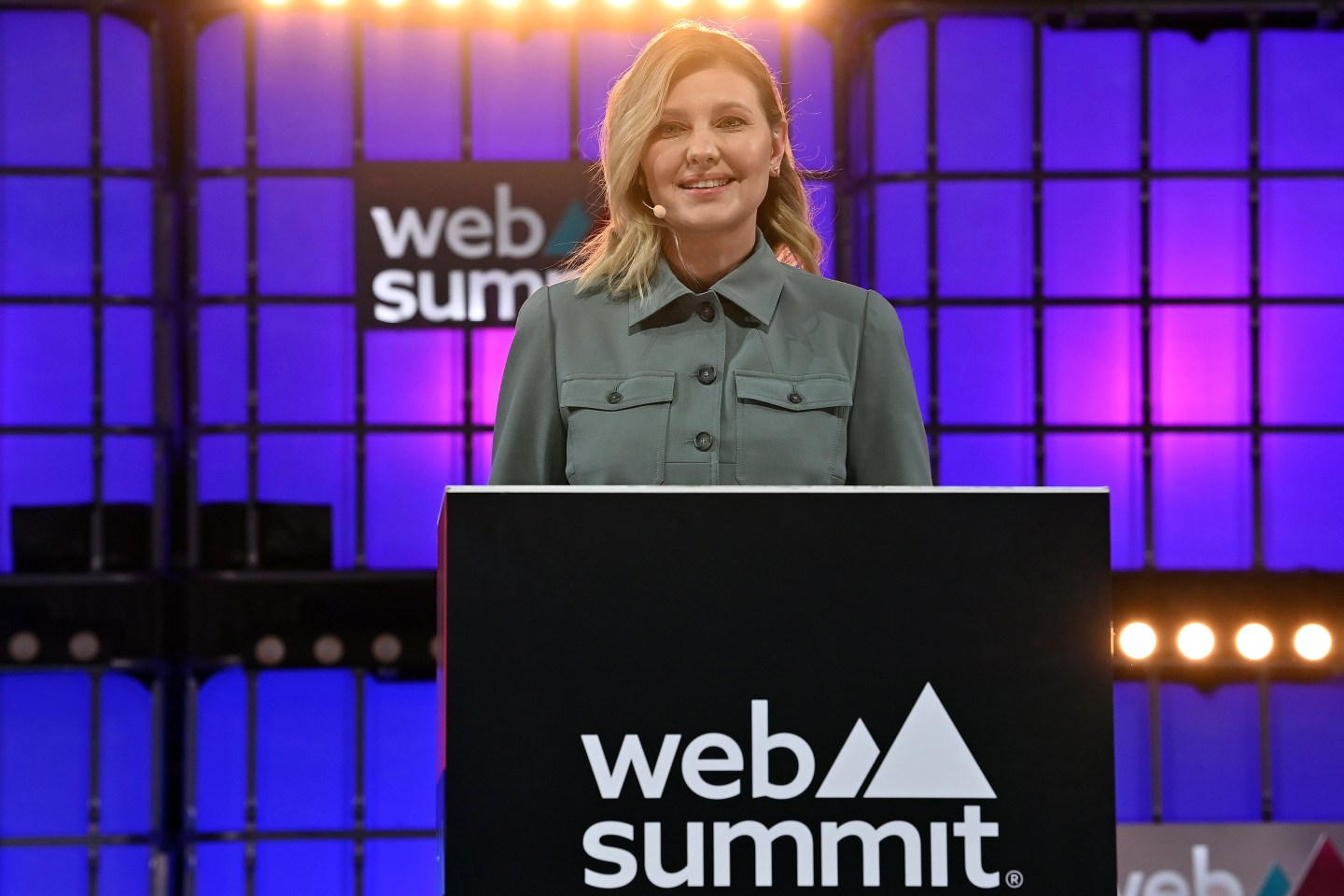 Olena Zelenska, First Lady of Ukraine at Centre Stage during the opening night of Web Summit 2022 at the Altice Arena in Lisbon, Portugal.