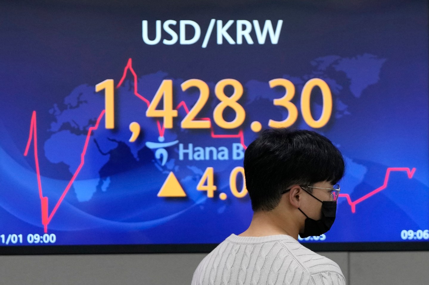 A currency trader walks by the screen showing the foreign exchange rate between U.S. dollar and South Korean won at a foreign exchange dealing room in Seoul, South Korea, Nov. 1, 2022. Shares have advanced in Asia despite a retreat on Wall Street. Hong Kong jumped more than 5% and most other indexes saw strong gains.