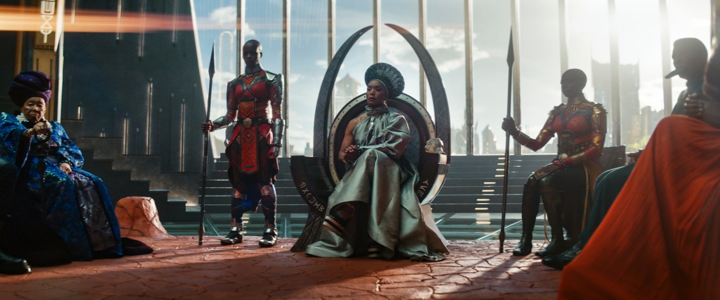 Dorothy Steel as Merchant Tribe Elder, Florence Kasumba as Ayo, Angela Bassett as Ramonda, and Danai Gurira as Okoye in a scene from "Black Panther: Wakanda Forever."