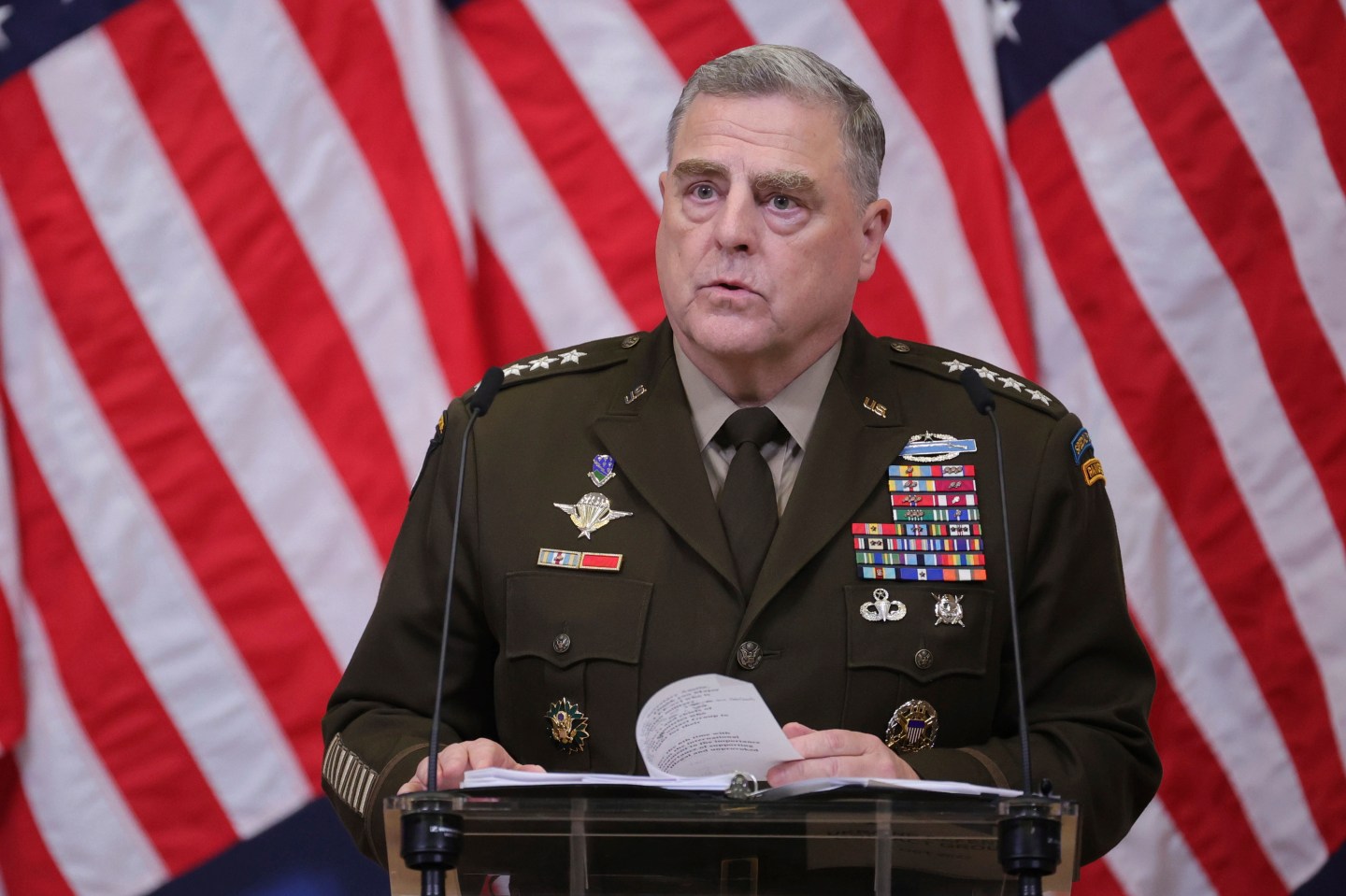 Chairman of the Joint Chiefs of Staff Gen. Mark Milley speaks during a media conference after a meeting of NATO defense ministers at NATO headquarters in Brussels, Oct. 12, 2022.