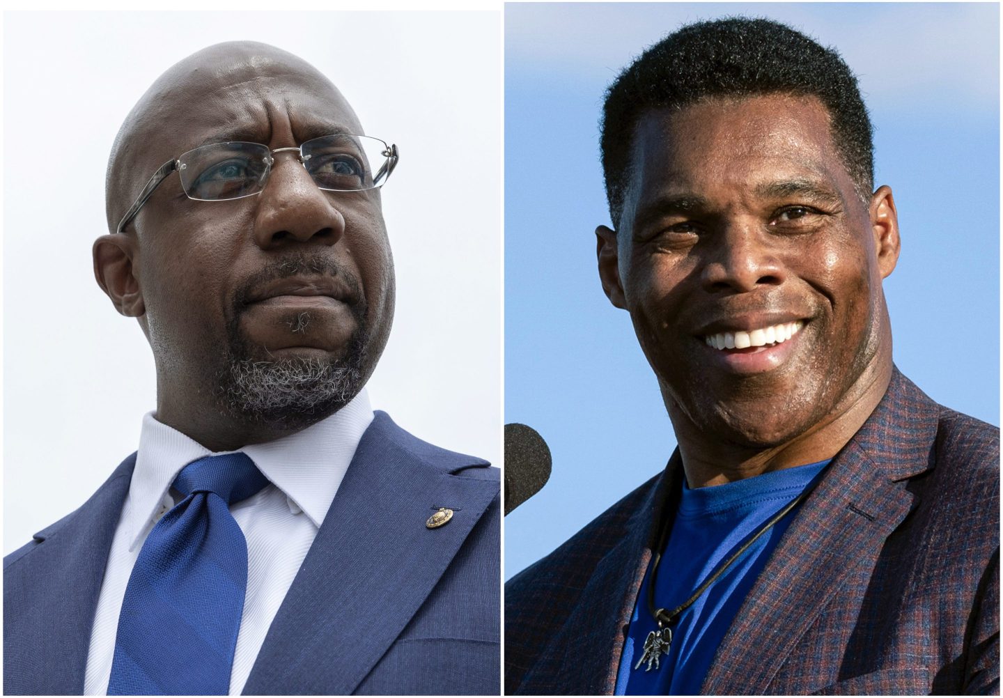 On the left, Sen. Raphael Warnock, D-Ga., speaks to reporters on Capitol Hill on Aug. 3, 2021. On the right, Republican Senate candidate Herschel Walker speaks in Perry, Ga., on Sept. 25, 2021.
