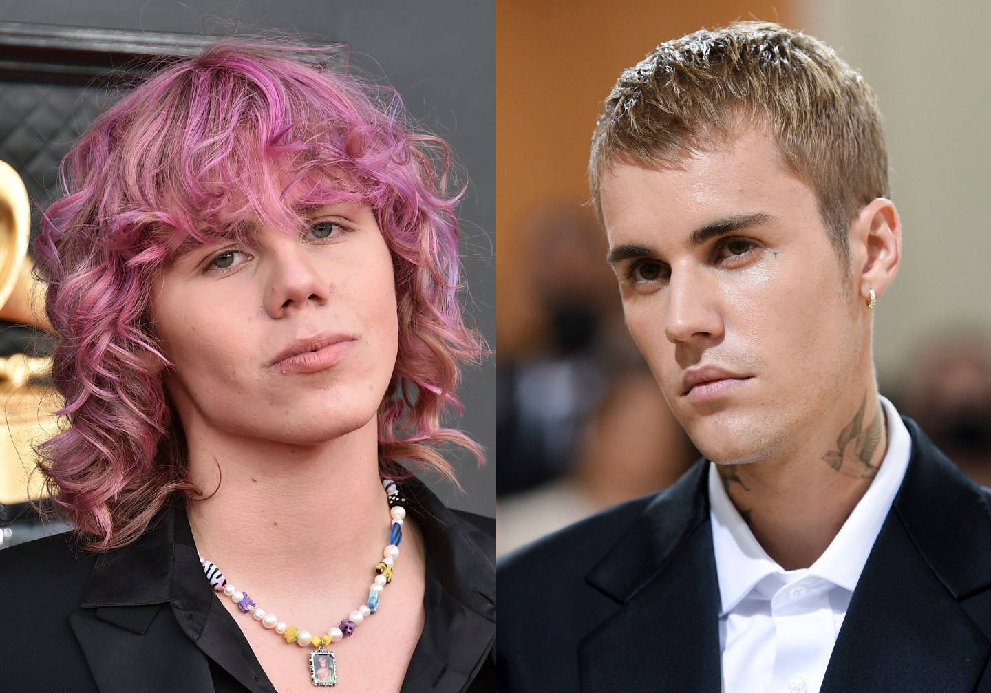 On the left, musician Kid Laroi. On the right, musician Justin Bieber.