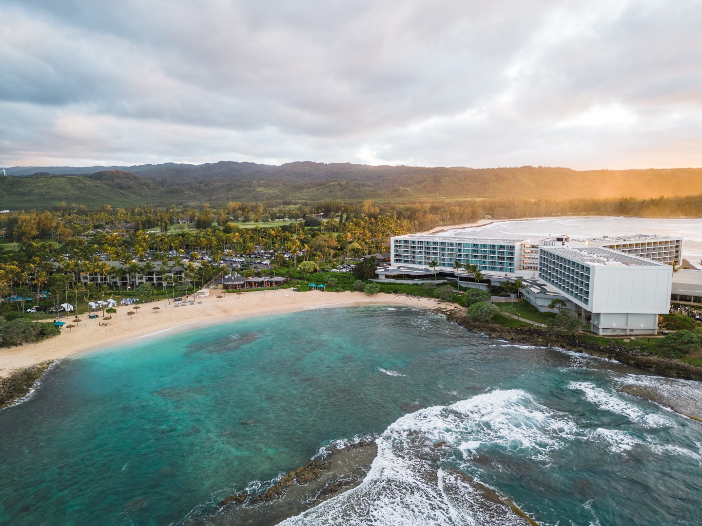 An aerial view of Turtle Bay Resort along Kuilima Cove.