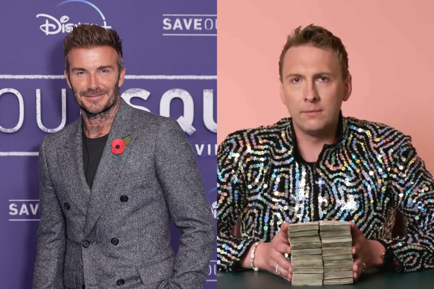 Footballer David Beckham; Joe Lycett holds £10,000 in cash