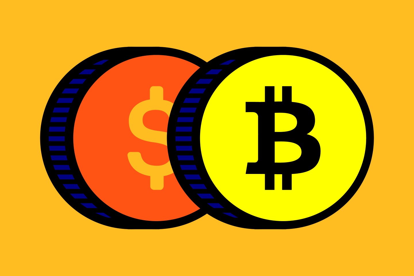 Bitcoin and USD as coins on orange background. Illustration by Fortune