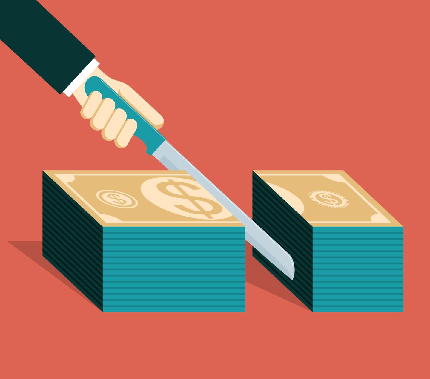 Illustration of man cutting stack of monry