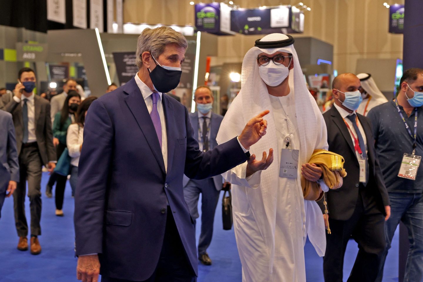 UAE Minister of Industry and Advanced Technology Sultan al-Jaber welcomes U.S. Presidential Climate Envoy John Kerry in Dubai on Nov. 22, 2021.