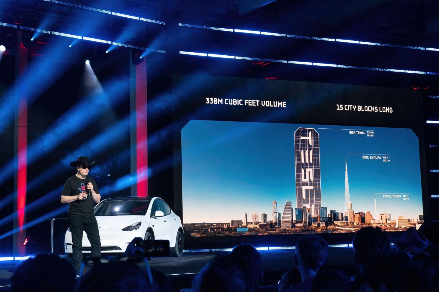 CEO of Tesla Motors Elon Musk speaks at the Tesla Giga Texas manufacturing "Cyber Rodeo" grand opening party on April 7, 2022 in Austin, Texas