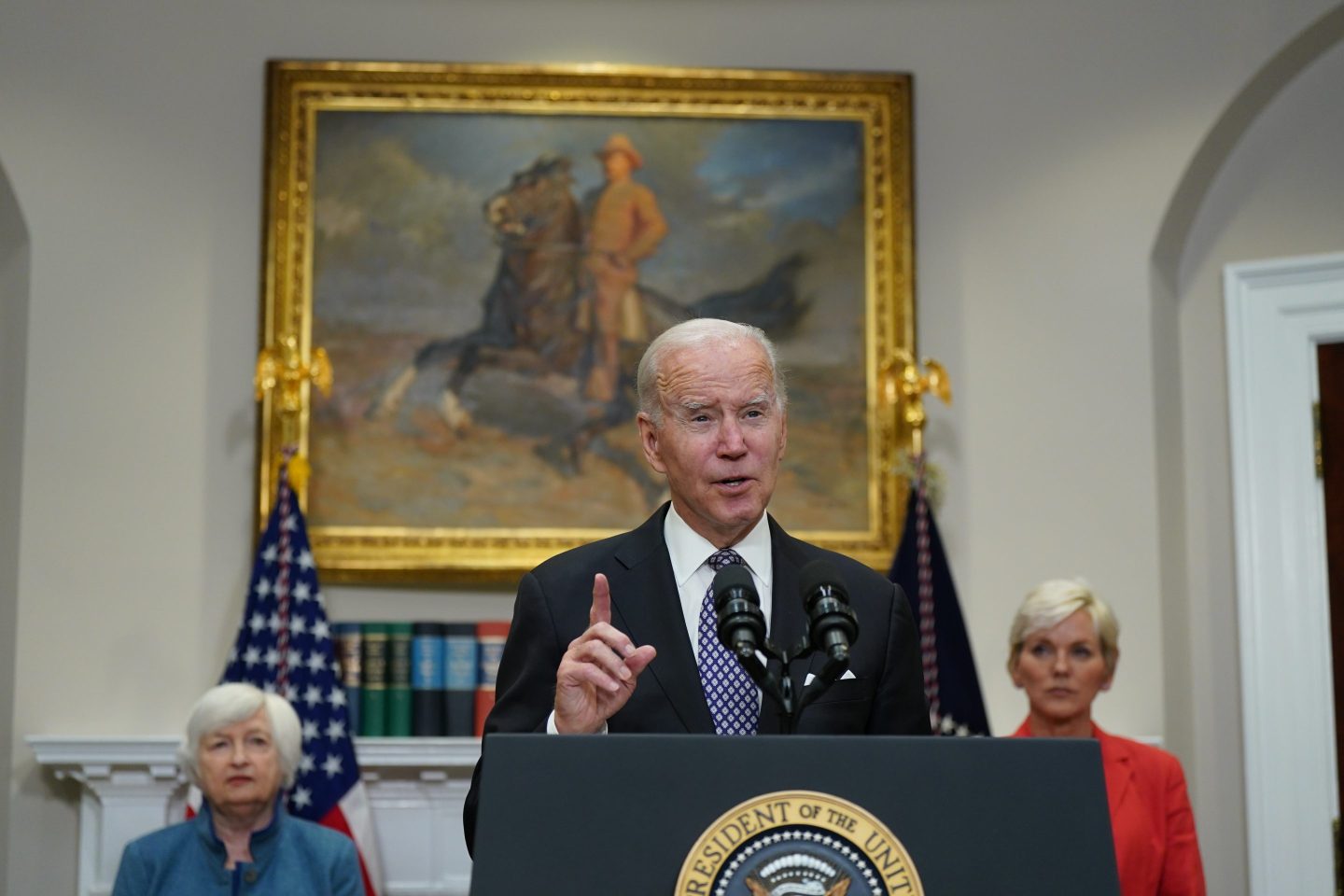 US President Joe Biden speaks in the Roosevelt Room of the White House
