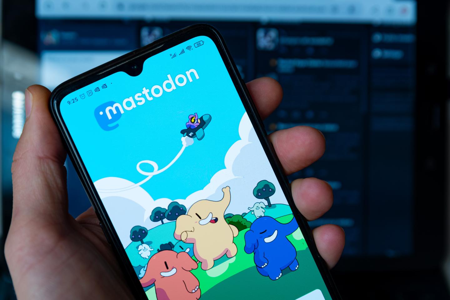 Someone holding a phone displaying the Mastodon login page.